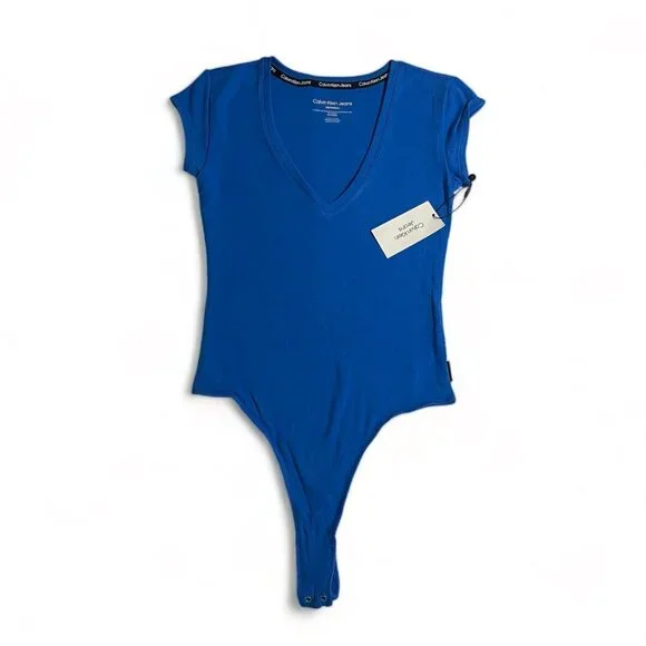 Calvin Klein Jeans Women's Cap-Sleeve V-Neck Bodysuit - Blue, Size XS, NWT - Picture 1 of 12